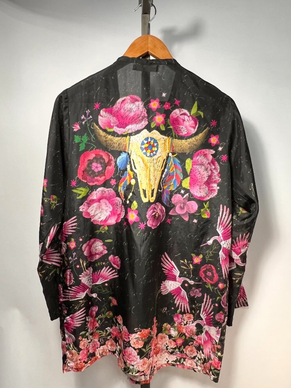 Johnny Was Nerissa 100%Silk Crane Rose Longhorn Skull Boho Tunic S LNWOT